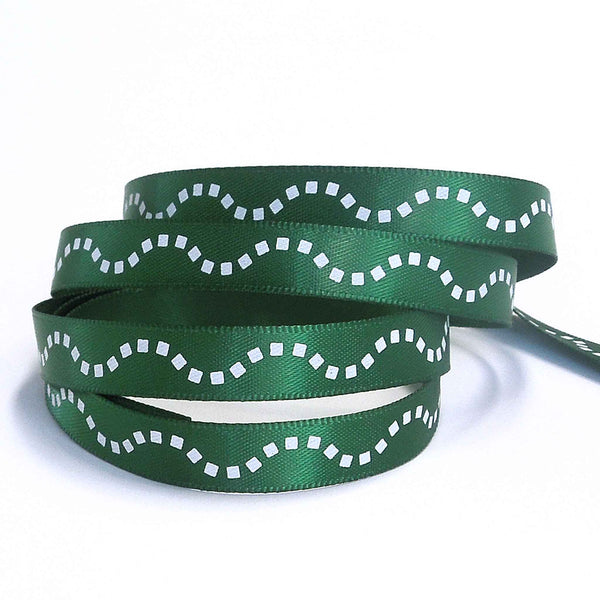 10mm White Dotted Lines on Green Satin Ribbon on Wooden Bobbin - 3 Metres