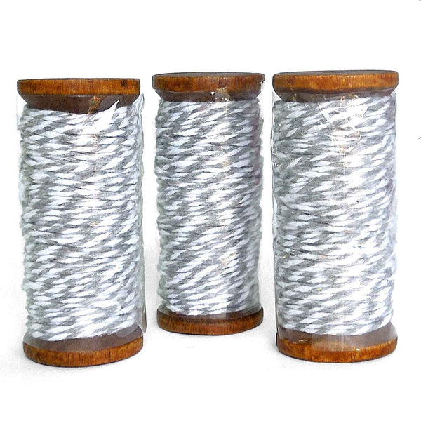 3mm Bakers Twine - Grey and White - Wooden Spool - 15 Metres