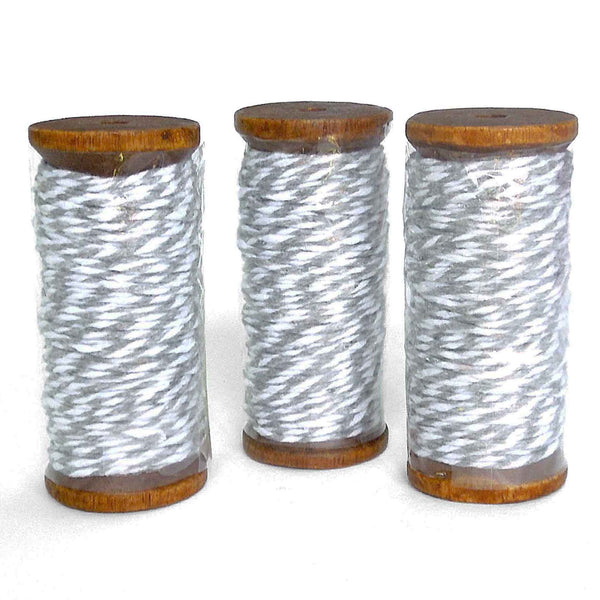 3mm Bakers Twine - Grey and White - Wooden Spool - 15 Metres