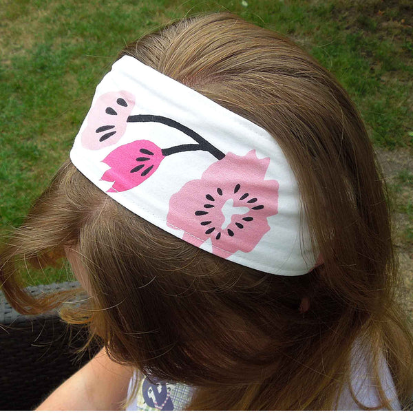 Scrunchie - Hairband - Bandana - Pink Flowers on White - Organza Gift Bag - Handmade in Pure Cotton