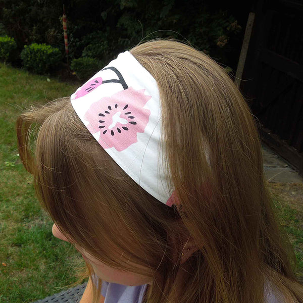 Scrunchie - Hairband - Bandana - Pink Flowers on White - Organza Gift Bag - Handmade in Pure Cotton