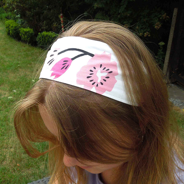 Scrunchie - Hairband - Bandana - Pink Flowers on White - Organza Gift Bag - Handmade in Pure Cotton