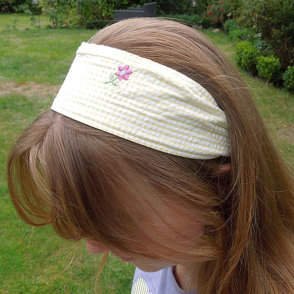 Scrunchie - Hairband - Bandana - Yellow Gingham Embroidered Flowers - Organza Gift Bag - Handmade in Pure Cotton