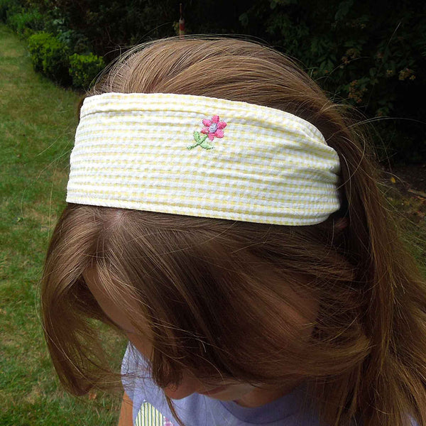 Scrunchie - Hairband - Bandana - Yellow Gingham Embroidered Flowers - Organza Gift Bag - Handmade in Pure Cotton