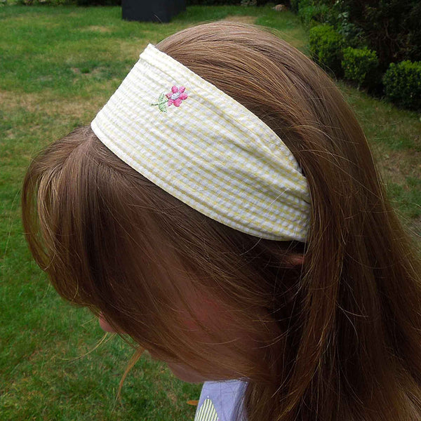 Scrunchie - Hairband - Bandana - Yellow Gingham Embroidered Flowers - Organza Gift Bag - Handmade in Pure Cotton