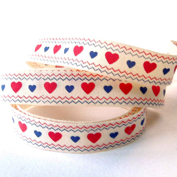 15mm Red and Blue Hearts Cotton Ribbon