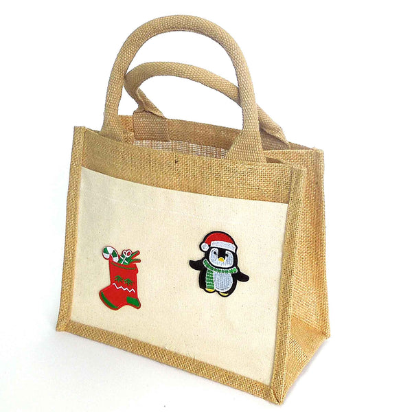 Natural Jute Bag with Pocket and Christmas Motifs - Padded Handles