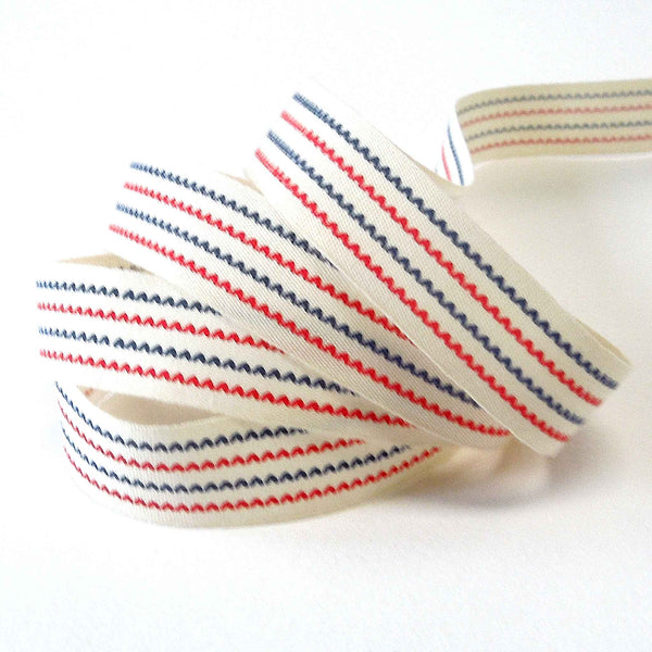 15mm Red and Blue Striped Cotton Ribbon