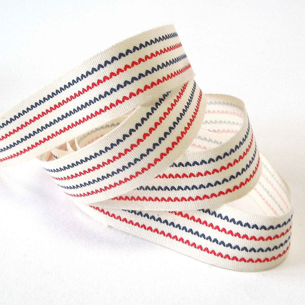 15mm Red and Blue Striped Cotton Ribbon