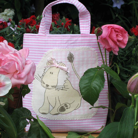 Kid's Lion Bucket Tote Bag handmade in pink cotton gingham and fully lined. Children's Animal Applique Shopping Bag