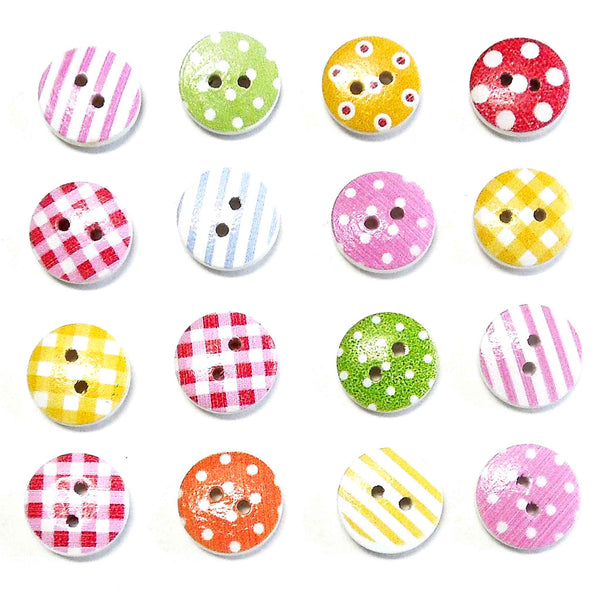 15mm Patterned Wooden Craft Buttons - Mixed Colours - Pack of 16