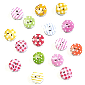 15mm Patterned Wooden Craft Buttons - Mixed Colours - Pack of 16