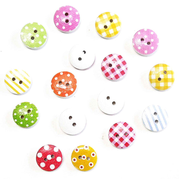 15mm Patterned Wooden Craft Buttons - Mixed Colours - Pack of 16