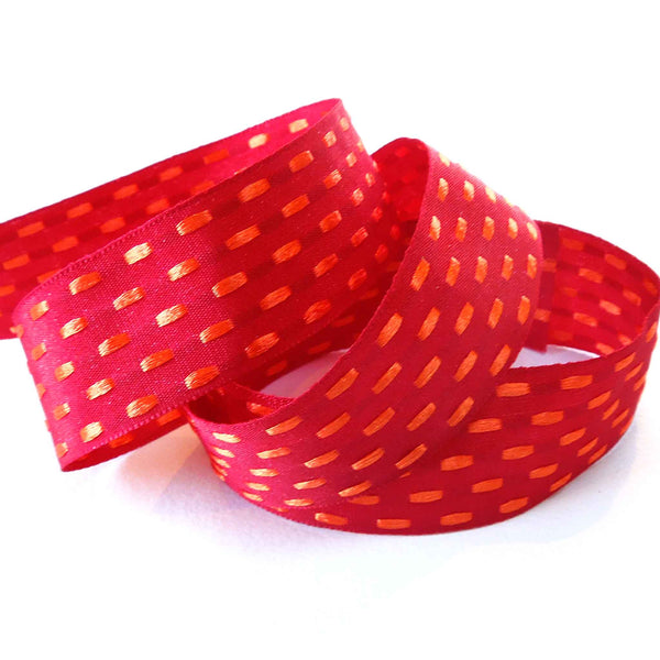 25mm Parallel Stitch Ribbon - Deep Red and Tangerine - Berisfords