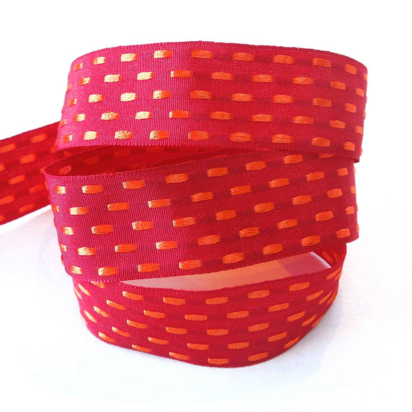 25mm Parallel Stitch Ribbon - Deep Red and Tangerine - Berisfords