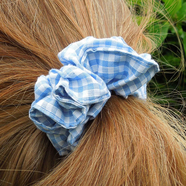 Scrunchie - Hairband - Pale Blue Gingham - Organza Gift Bag - Handmade in Pure Cotton