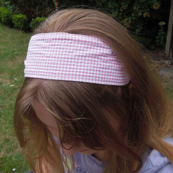 Scrunchie - Hairband - Bandana - Pink Gingham Embroidered Flowers - Organza Gift Bag - Handmade in Pure Cotton