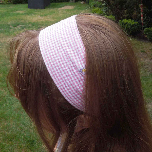 Scrunchie - Hairband - Bandana - Pink Gingham Embroidered Flowers - Organza Gift Bag - Handmade in Pure Cotton