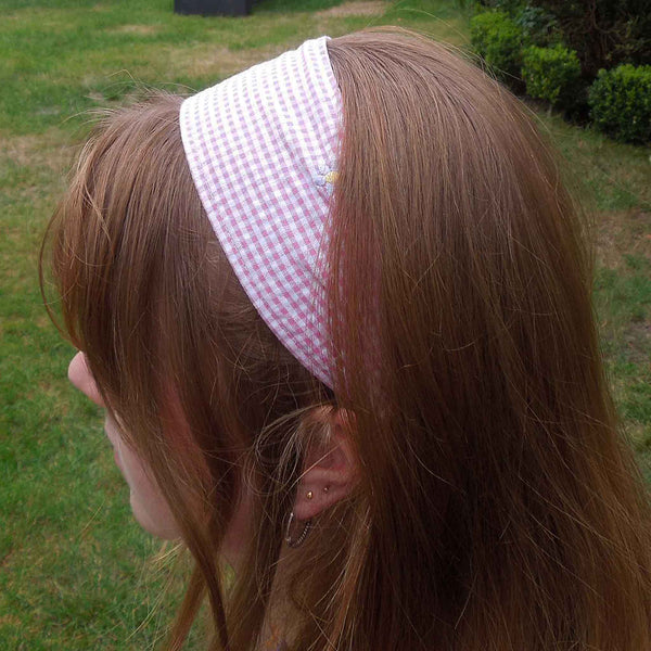 Scrunchie - Hairband - Bandana - Pink Gingham Embroidered Flowers - Organza Gift Bag - Handmade in Pure Cotton