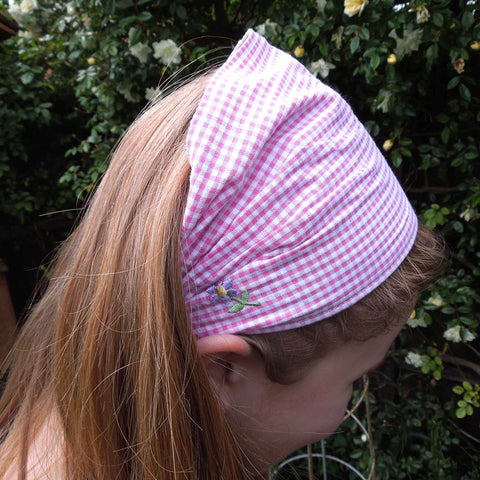 Scrunchie - Hairband - Bandana - Pink Gingham Embroidered Flowers - Organza Gift Bag - Handmade in Pure Cotton