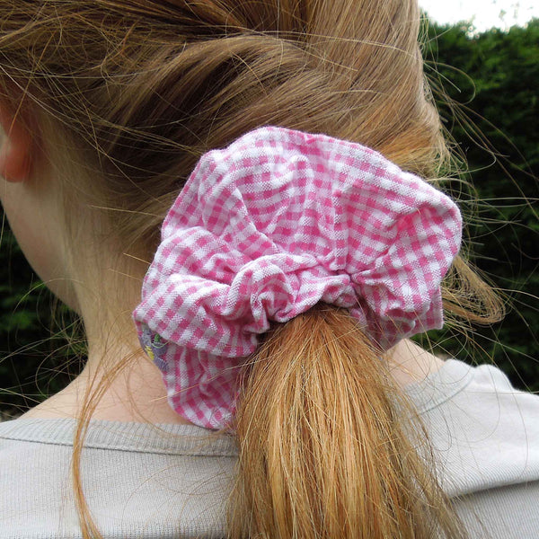 Cotton Scrunchies - Set of 2 on Gift Card - Pink and Yellow Gingham with Embroidered Flowers - Handmade in Pure Cotton