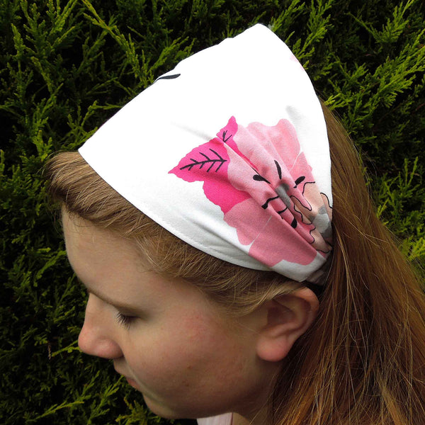 Scrunchie - Hairband - Bandana - Pink Flowers on White - Organza Gift Bag - Handmade in Pure Cotton