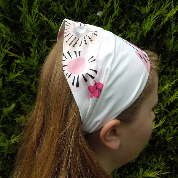 Scrunchie - Hairband - Bandana - Pink Flowers on White - Organza Gift Bag - Handmade in Pure Cotton