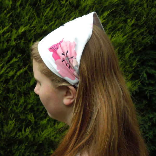 Scrunchie - Hairband - Bandana - Pink Flowers on White - Organza Gift Bag - Handmade in Pure Cotton