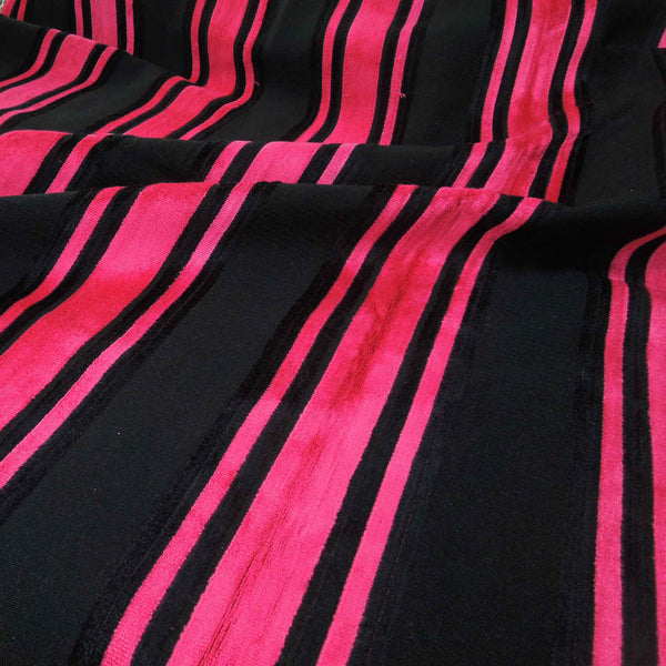 Bright Pink and Black Striped Velvet/Plush Furnishing Fabric .