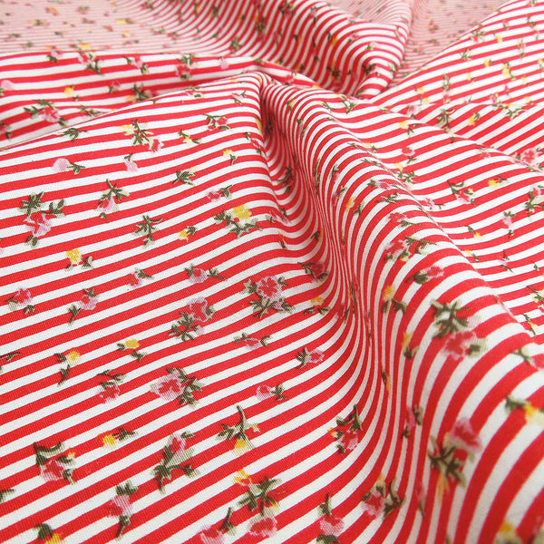 Red and White Floral Stripe - Cotton Fabric