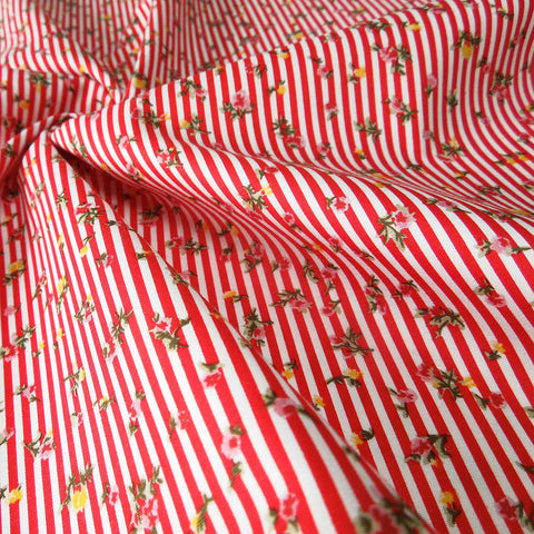 Red and White Floral Stripe - Cotton Fabric