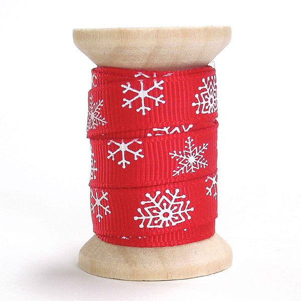 10mm Red Snowflake Christmas Grosgrain Ribbon on Wooden Bobbin - 2 Metres