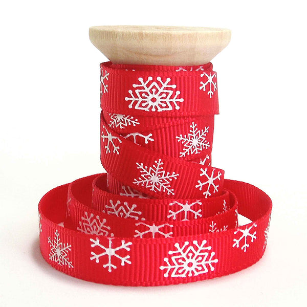 10mm Red Snowflake Christmas Grosgrain Ribbon on Wooden Bobbin - 2 Metres