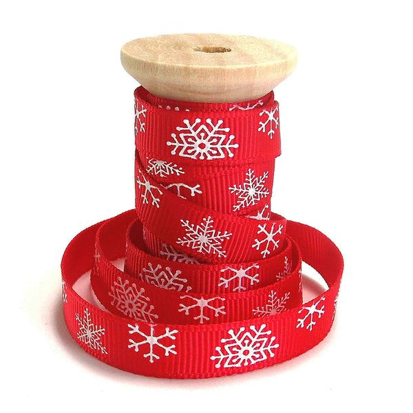 10mm Red Snowflake Christmas Grosgrain Ribbon on Wooden Bobbin - 2 Metres