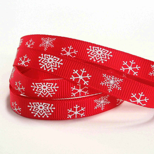 10mm Red Snowflake Christmas Grosgrain Ribbon on Wooden Bobbin - 2 Metres