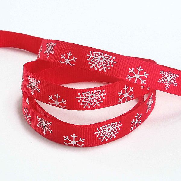 10mm Red Snowflake Christmas Grosgrain Ribbon on Wooden Bobbin - 2 Metres