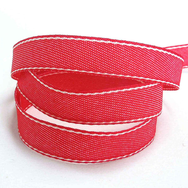 15mm Red and White Stitched Ribbon