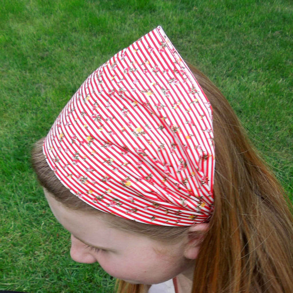 Scrunchie - Hairband - Bandana - Red Floral Stripe - Organza Gift Bag - Handmade in Pure Cotton