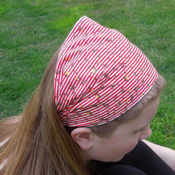 Scrunchie - Hairband - Bandana - Red Floral Stripe - Organza Gift Bag - Handmade in Pure Cotton