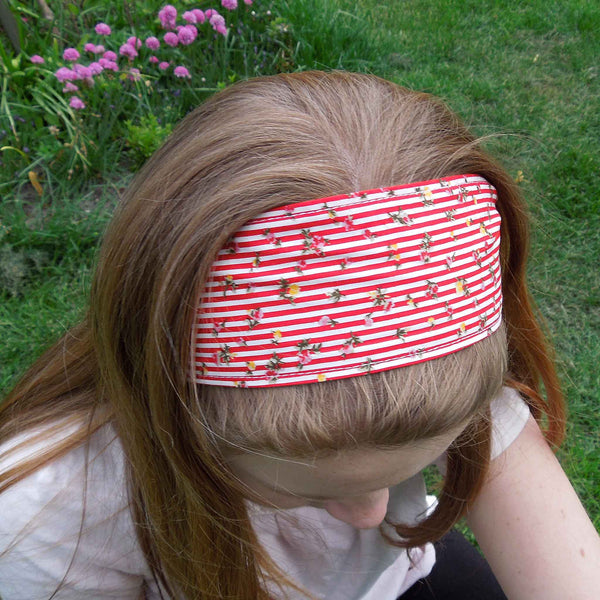 Scrunchie - Hairband - Bandana - Red Floral Stripe - Organza Gift Bag - Handmade in Pure Cotton