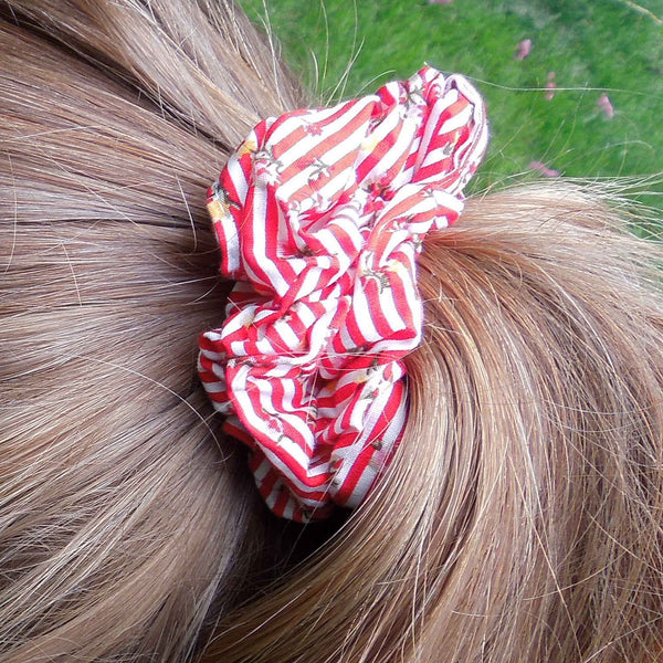 Cotton Scrunchies - Set of 2 on Gift Card - Red Floral and Bright Stripes - Handmade in Pure Cotton