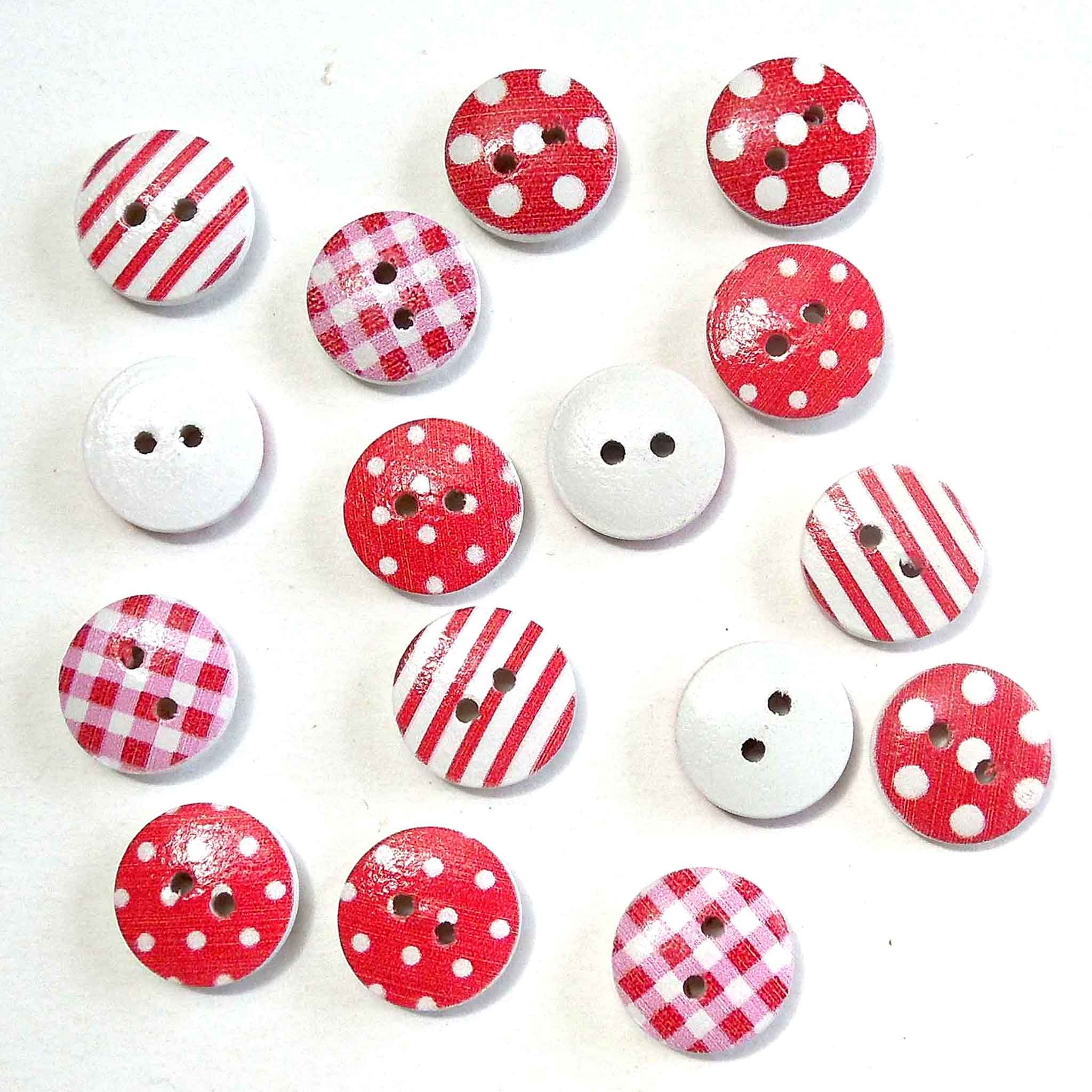 15mm Patterned Wooden Craft Buttons - Red - Pack of 16