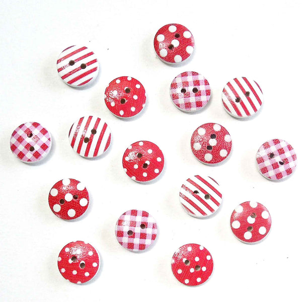 15mm Patterned Wooden Craft Buttons - Red - Pack of 16