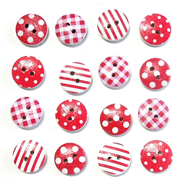 15mm Patterned Wooden Craft Buttons - Red - Pack of 16