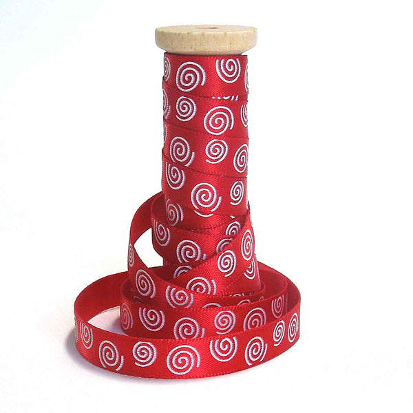 10mm White Swirls on Red Satin Ribbon on Wooden Bobbin - 3 Metres