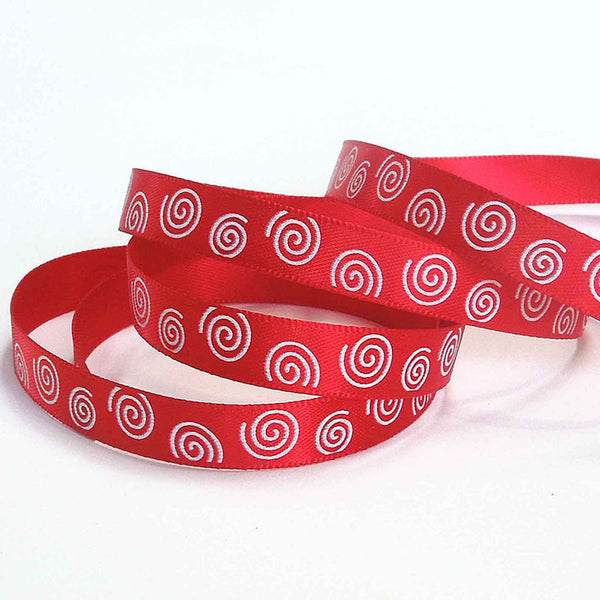 10mm White Swirls on Red Satin Ribbon on Wooden Bobbin - 3 Metres