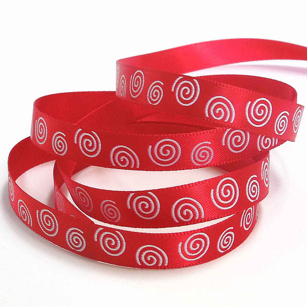 10mm White Swirls on Red Satin Ribbon on Wooden Bobbin - 3 Metres