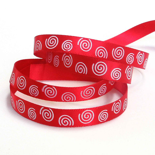 10mm White Swirls on Red Satin Ribbon on Wooden Bobbin - 3 Metres