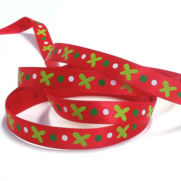 10mm Green Crosses on Red Satin Ribbon on Wooden Bobbin - 3 Metres