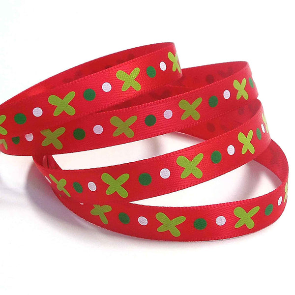 10mm Green Crosses on Red Satin Ribbon on Wooden Bobbin - 3 Metres